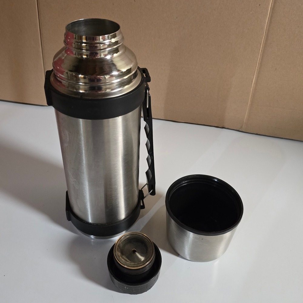 Vintage Stainless Steel Vacuum Bottle‎ Thermos w Cup Lid Stopper & Handle